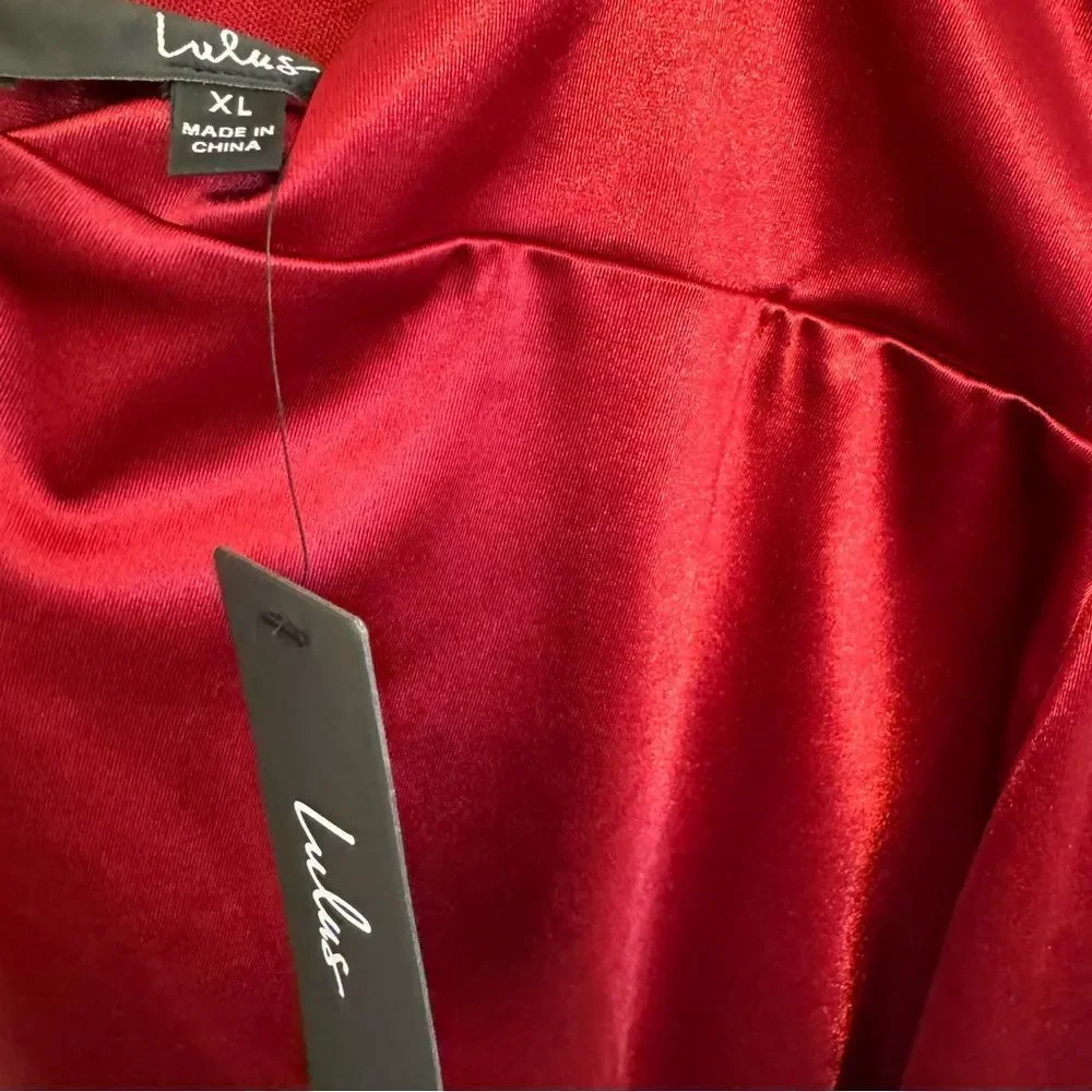 NWT Lulus Romantic Nights Burgundy Satin Ruffled Bodycon Mini Dress Size XL